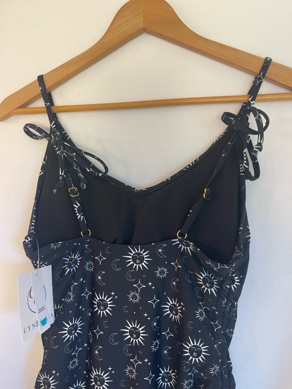 Black One Piece Swimsuit M Sun Moon Stars Whimsigoth Adj Straps Soft Cups NWT - Picture 11 of 14